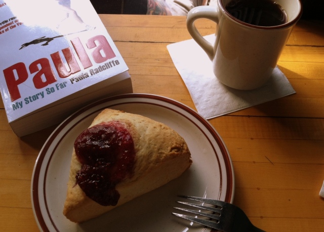 Good book.  Delicious scone.  Ultra satisfying cup of coffee.